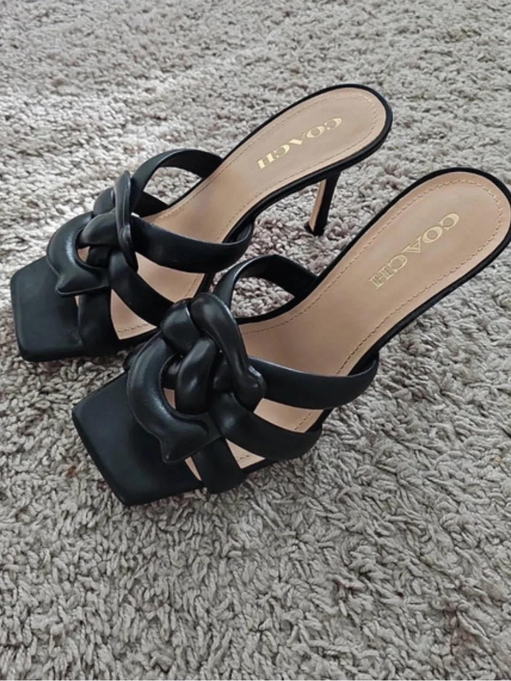 COACH Kelly Signature Leather Heeled Mule Sandal Black size 10 C detail knot